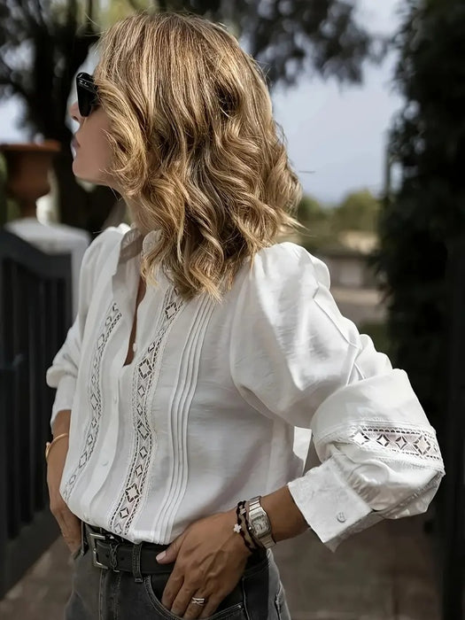 Elegant White V-Neck Blouse With Lace Details