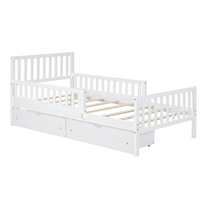 Platform Bed With Guardrails On Both Sides And 2 Storage Drawers