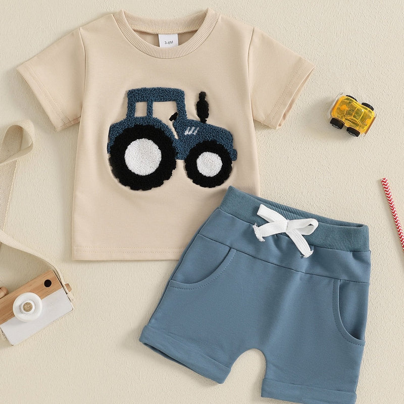 Toddler Boys Summer Outfits Truck Embroidered Round Neck