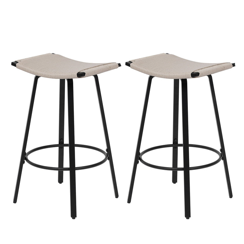 Counter Height Bar Stools Backless Handwoven Kitchen Dining Chairs With Round Footrest (Set of 2) Weaving Pub Stoo - Creamy White