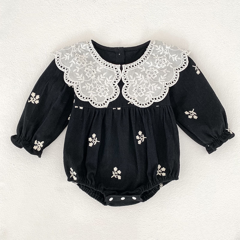 Girls Lace Romper With Long Sleeves And Embroidery