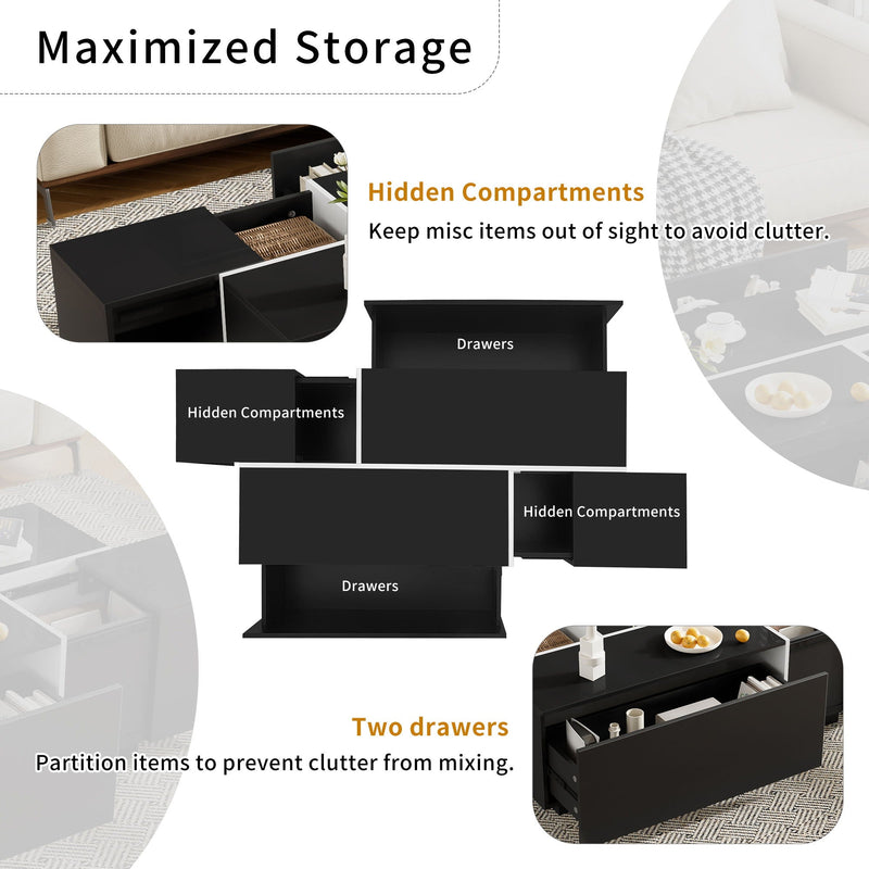 Extendable Coffee Table With 2 Hidden Storage Space And 2 Drawers For Living Room