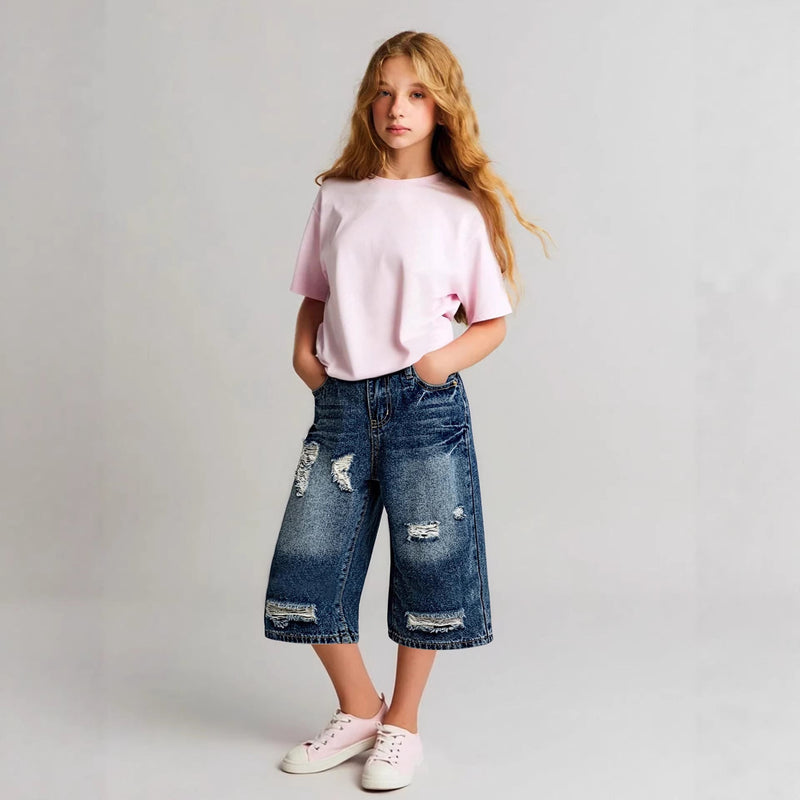 Girl's Nostalgic Washed Distressed Jeans