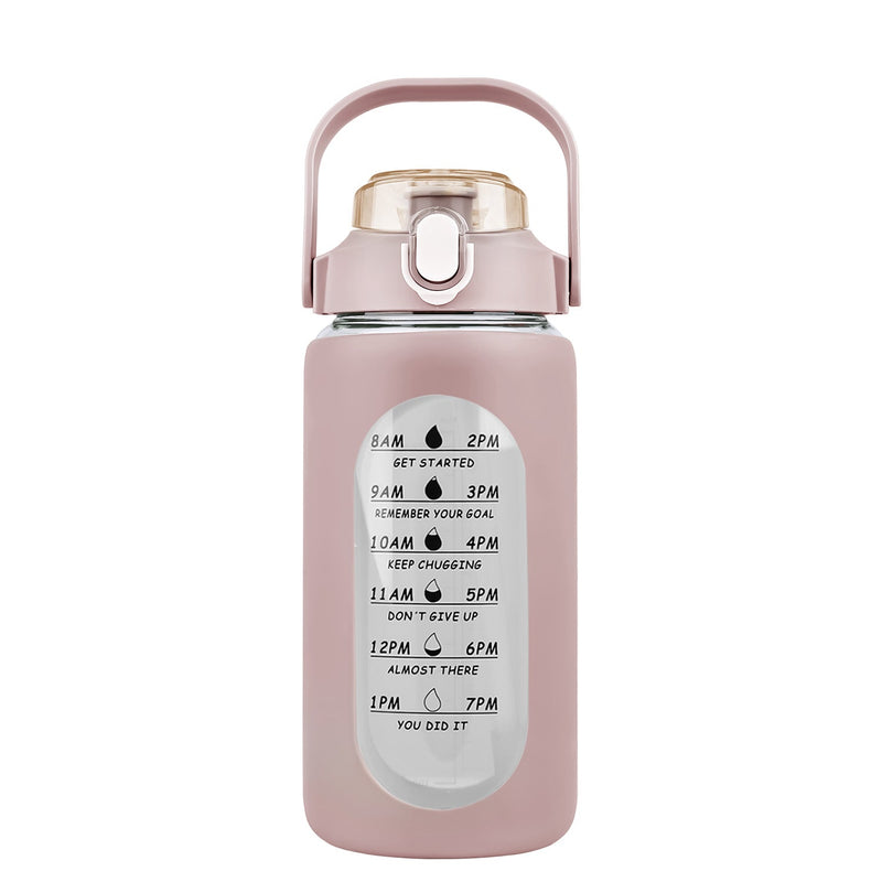 34Oz Glass Water Bottle Sports Water Bottle Motivational Water Bottle Water Intake Tracker Bottle with Straw Time Marker Silicone Sleeve Handle for Gy