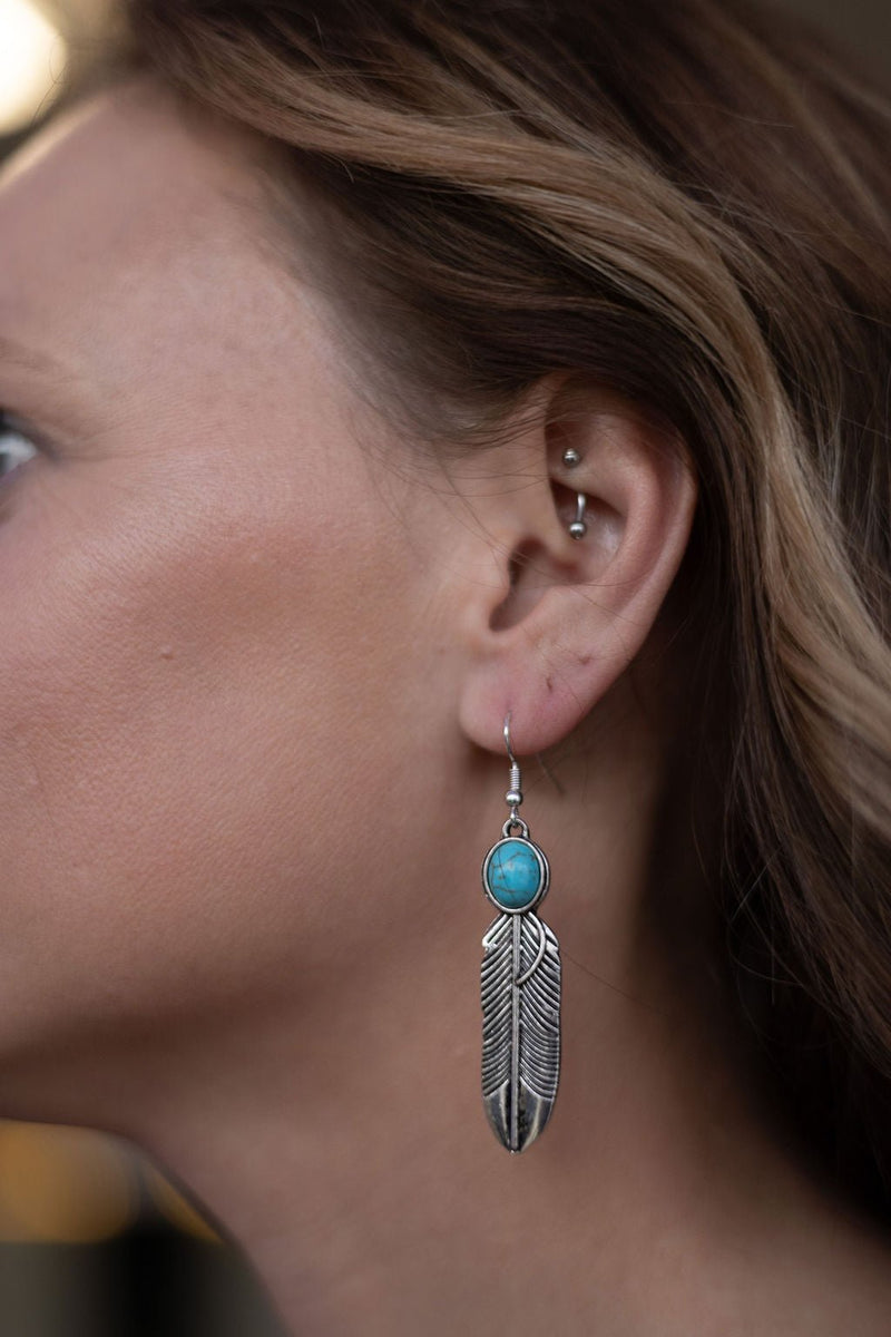 Feather Earrings with Faux Turquoise - 2 inch drop