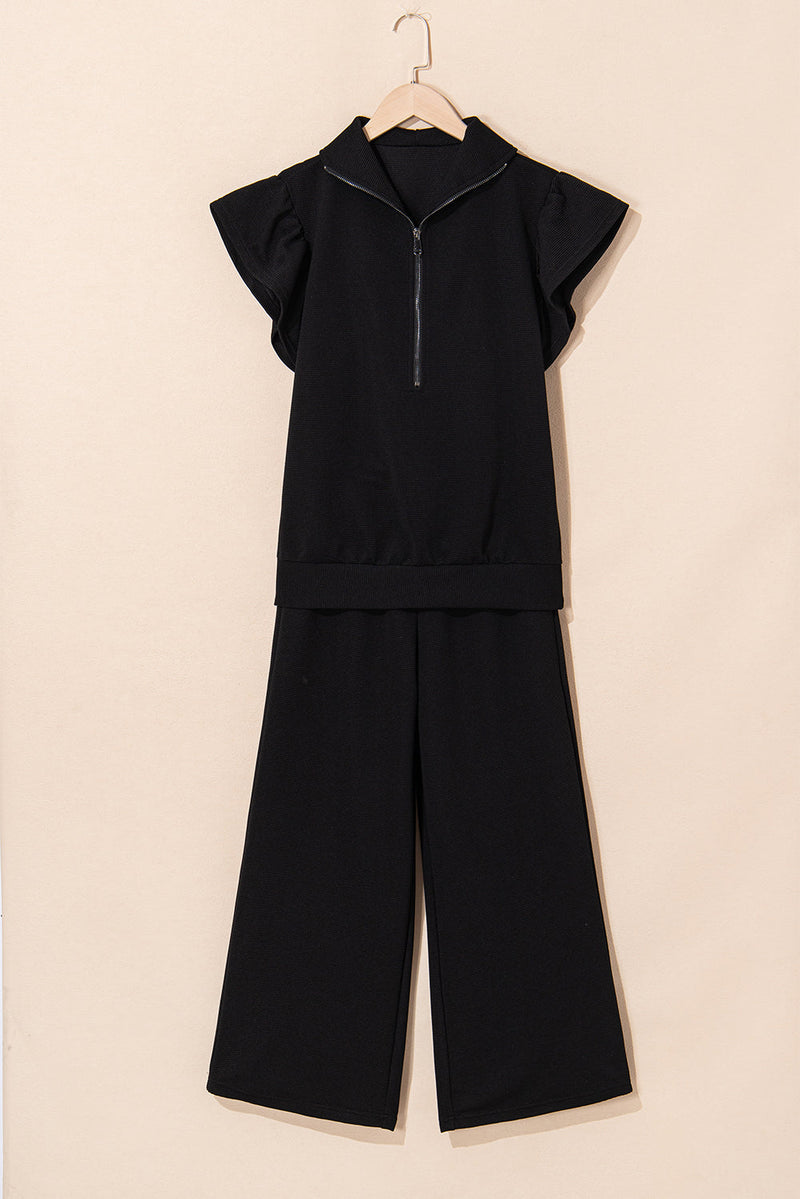 Kallie Ruffled Sleeve Zipped Top and Wide Leg Pants Set
