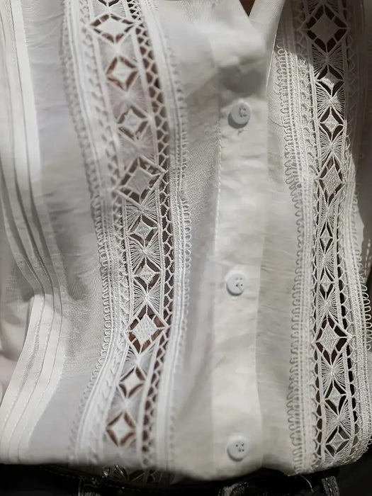 Elegant White V-Neck Blouse With Lace Details