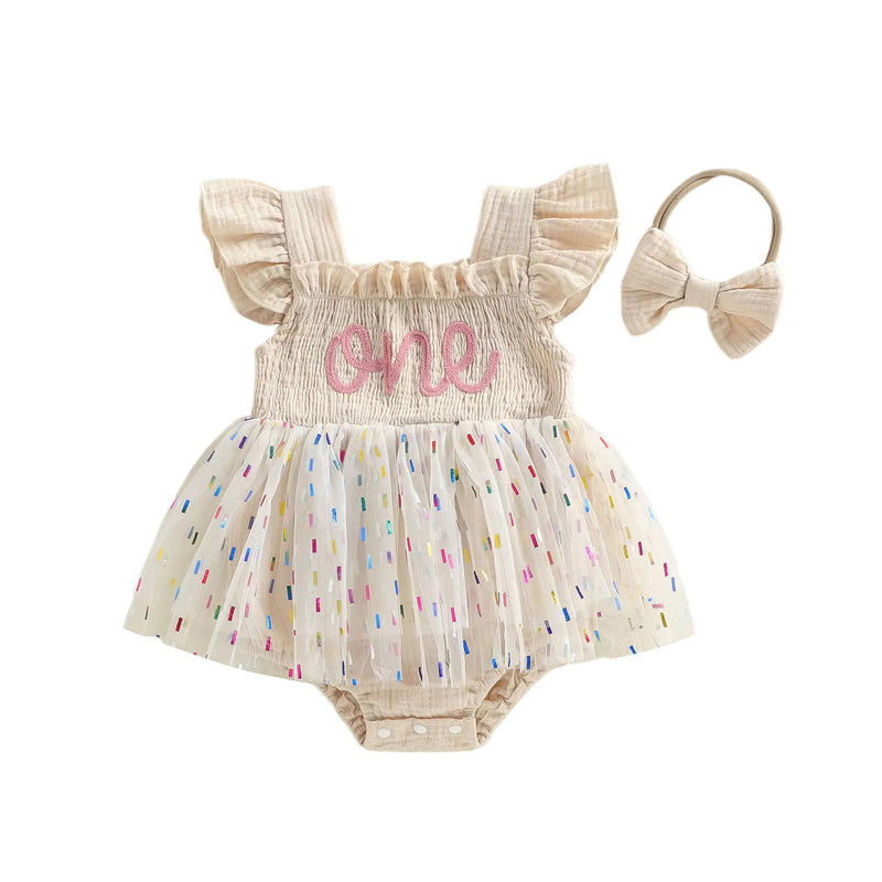 Girls And Infants Mesh Romper With A Tulle Skirt And Bow