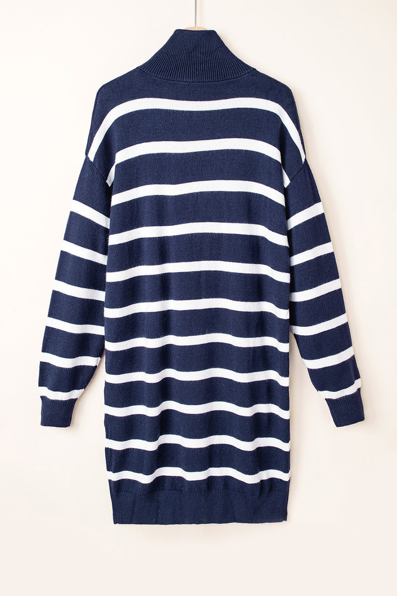Iris Striped Zip Collared Loose Sweater Mini Dress
