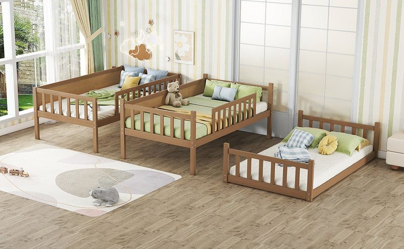 Twin Size Triple Rubber Wood Bunk Bed, with Ladders, Guardrails Detachable Bunk Bed, Twin over Twin over Twin,Natural