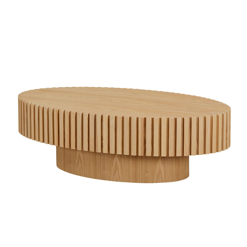 Modern Handcraft Drum Coffee Table Length 43.7 inch Ellipse Coffee Table for Living Room,Oval Small Coffee Table with Sturdy Pedestal,Natural Ash MDF