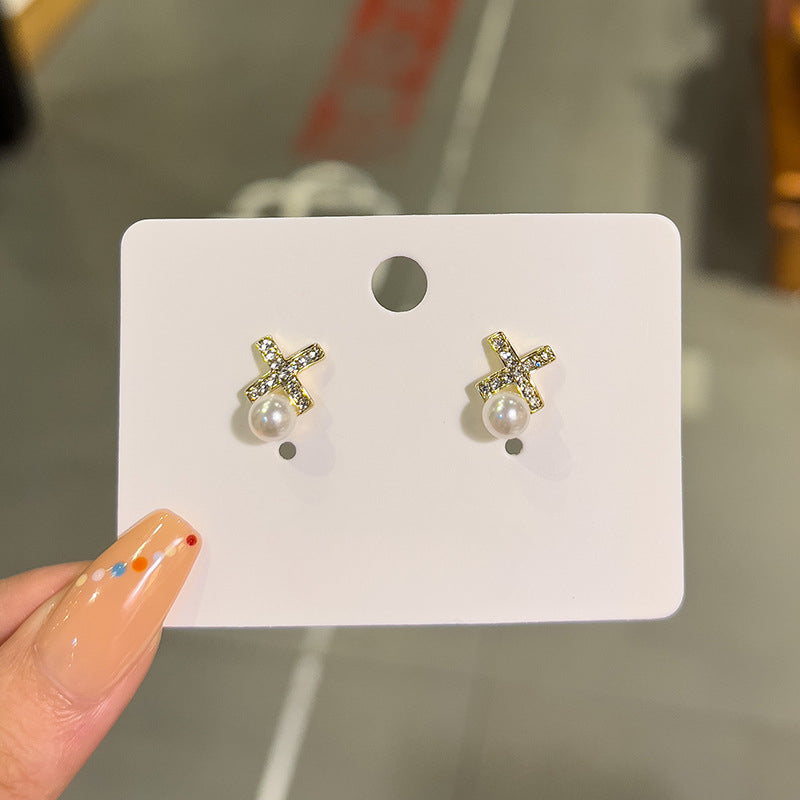 Sweet Pearl Studs Cross Earrings