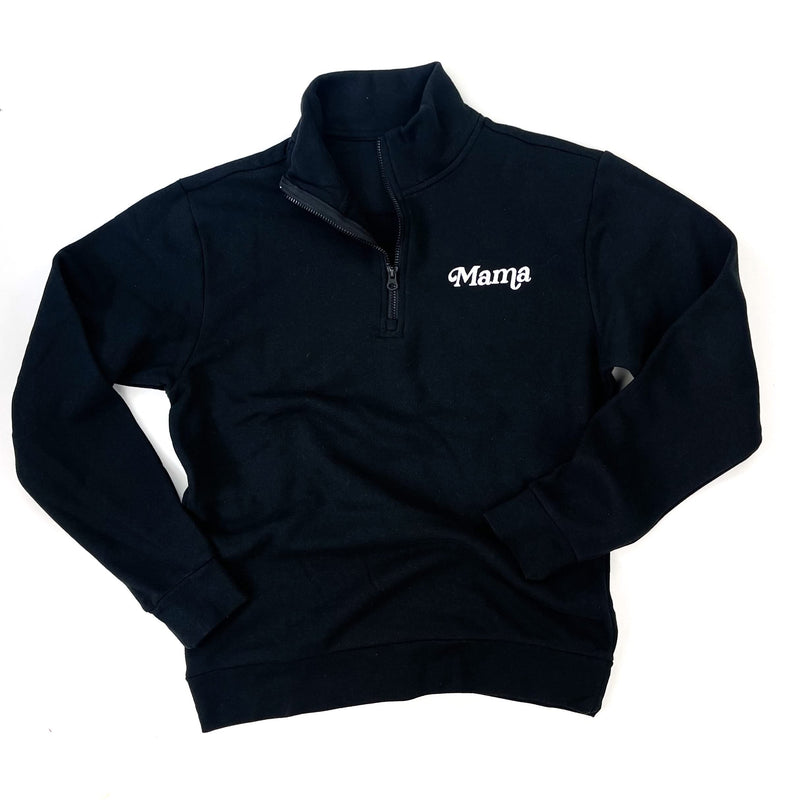 Embroidered Quarter Zip Fleece - Black w/ White Thread - Mama (Italic)