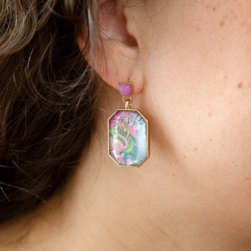 Flamingo Pink Agate Golden Post Drop Earrings