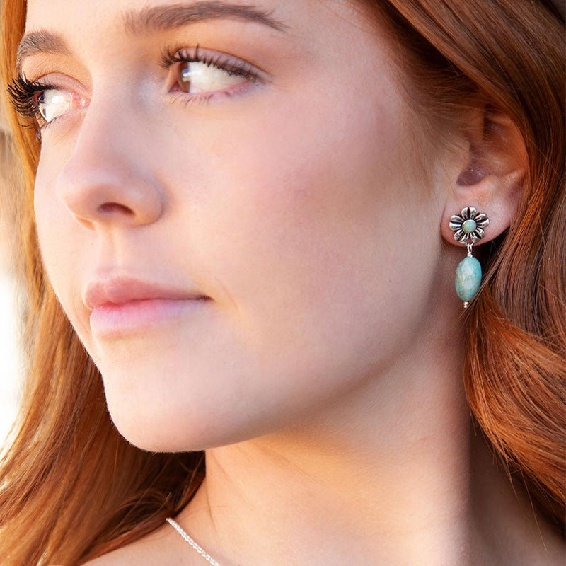 Floral Turquoise and Sterling Silver With Bead Drop Earrings