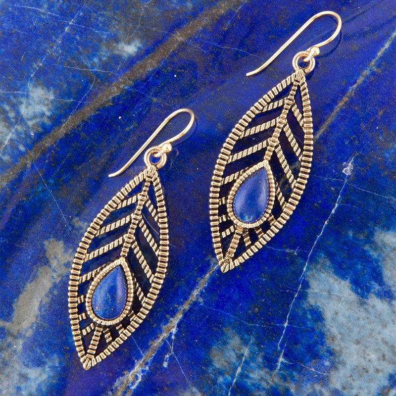 Flourished Blue Lapis Golden Feather Drop Earrings