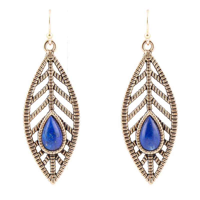 Flourished Blue Lapis Golden Feather Drop Earrings