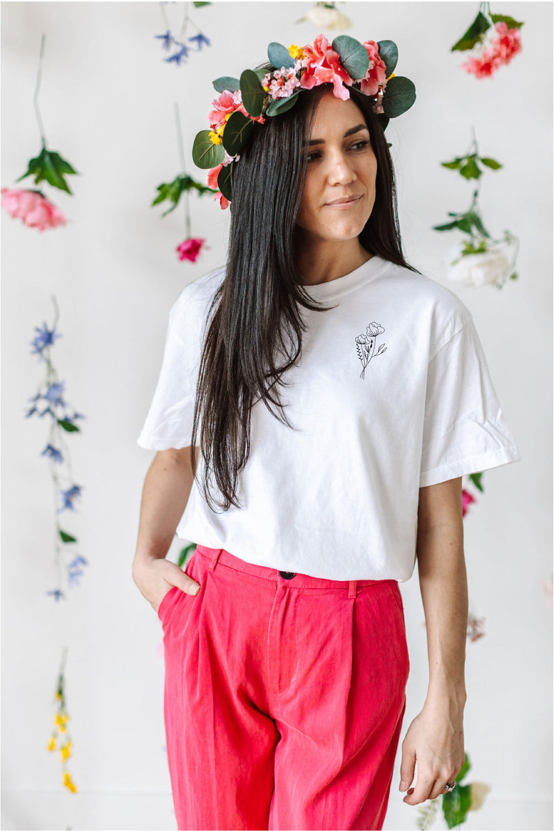 Embroidered Pocket Flowers on Front w/ Printed Still Growing on Back - Comfort Colors Tee