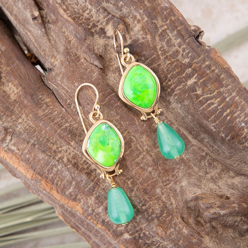 Fresh Twist Lime Green Turquoise Golden Drop Earrings