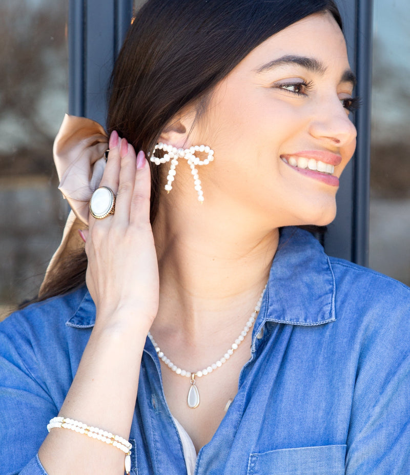 Freshwater White Pearl Bow Post Earrings