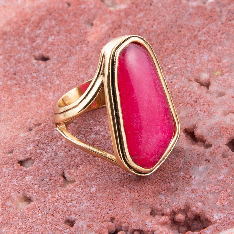 Pink Fuchsia Agate and Golden Abstract Ring