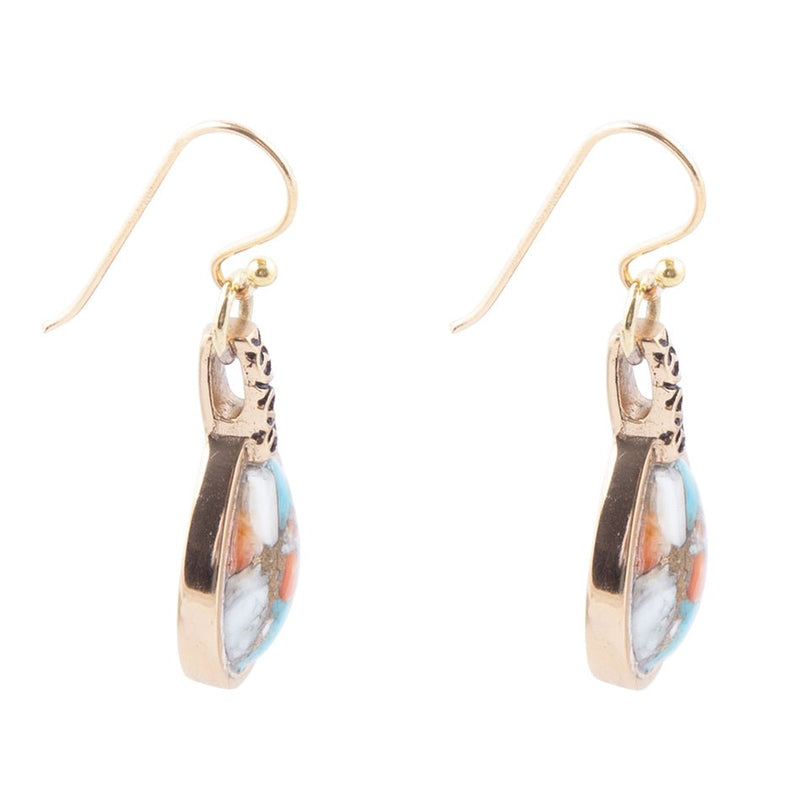 Blue and Orange Turquoise and Spiny Oyster Shell Stone Mix Golden Earrings
