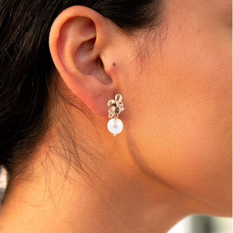 Gifted Freshwater Pearl Bow Golden Drop Earrings