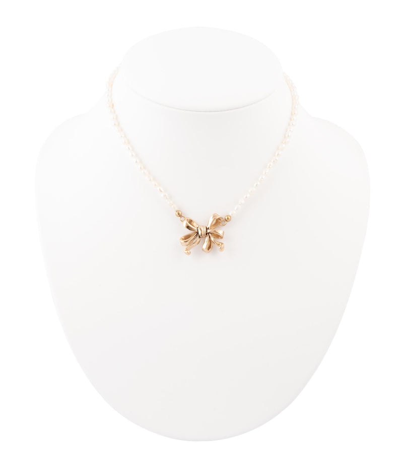 Gifted Freshwater White Pearl Golden Bow Pendant Necklace