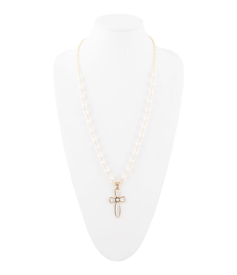 Las Cruces White Pearl Cross Pendant Necklace