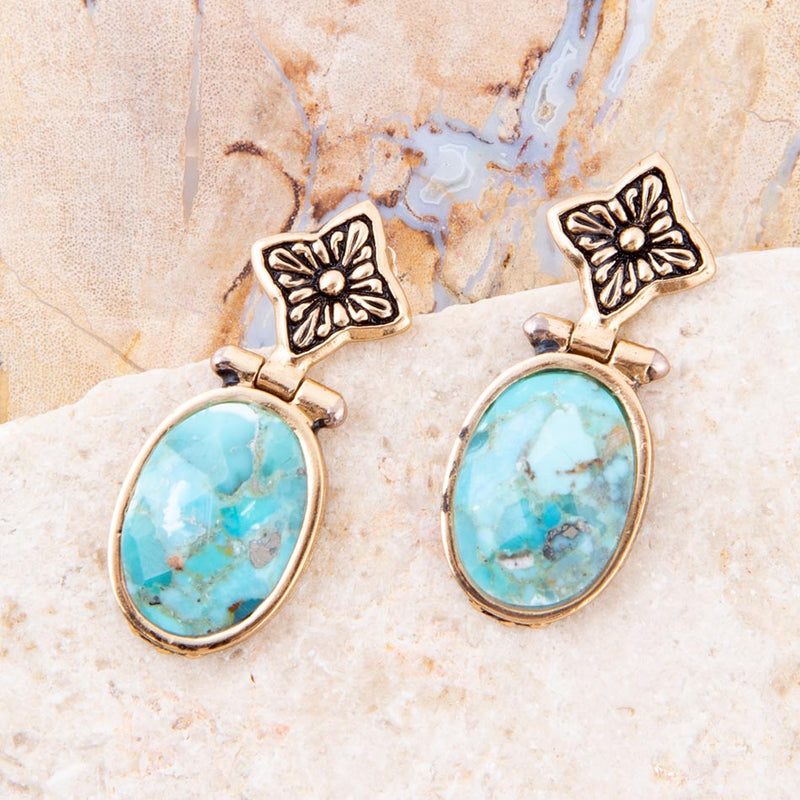 Golden Flower and Blue Turquoise Drop Earrings