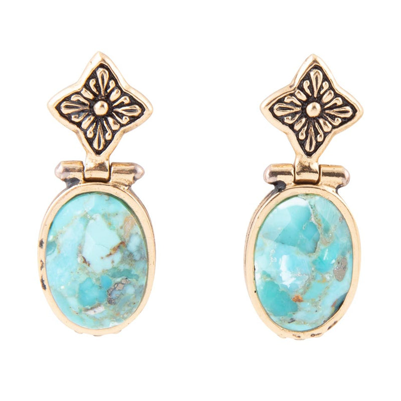 Golden Flower and Blue Turquoise Drop Earrings
