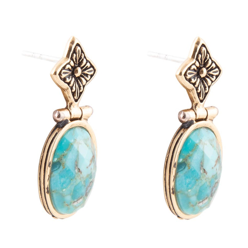 Golden Flower and Blue Turquoise Drop Earrings