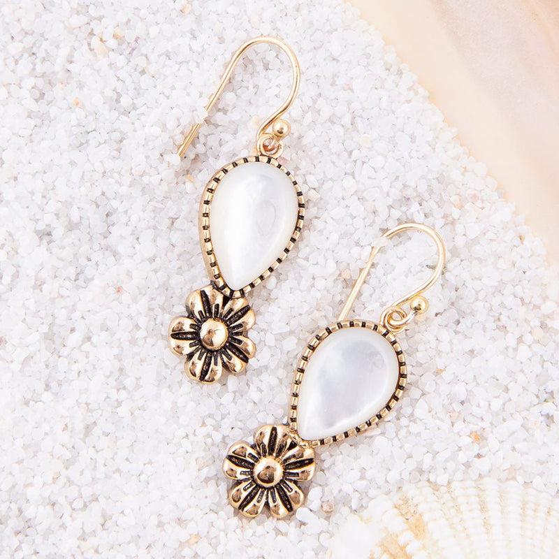 Golden Flower and White Mother of Pearl Drop Earrings