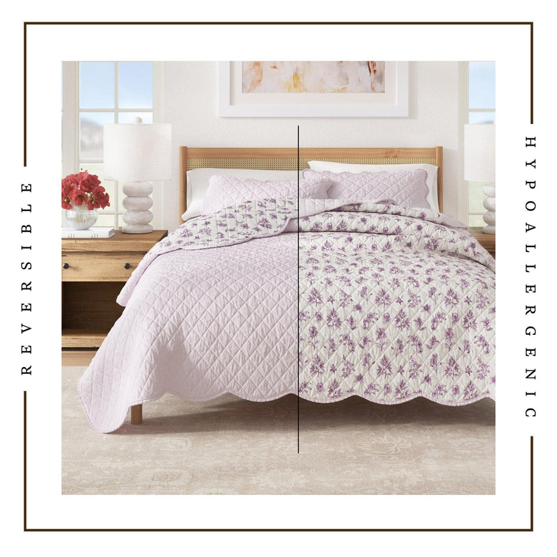 Floral Print & Scallopeded Edge Cotton Quilt Set - Sandie Collection