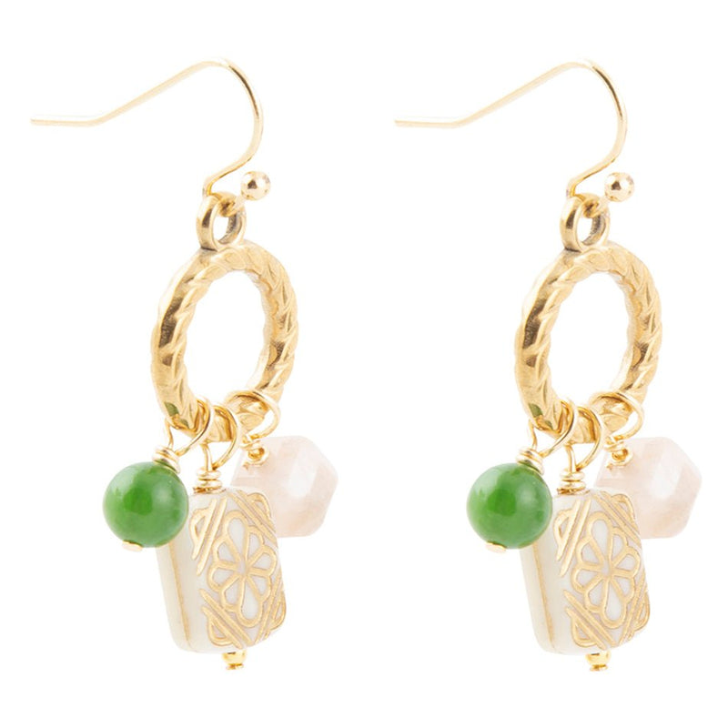Green Jade and Pink Sunstone Golden Drop Earrings