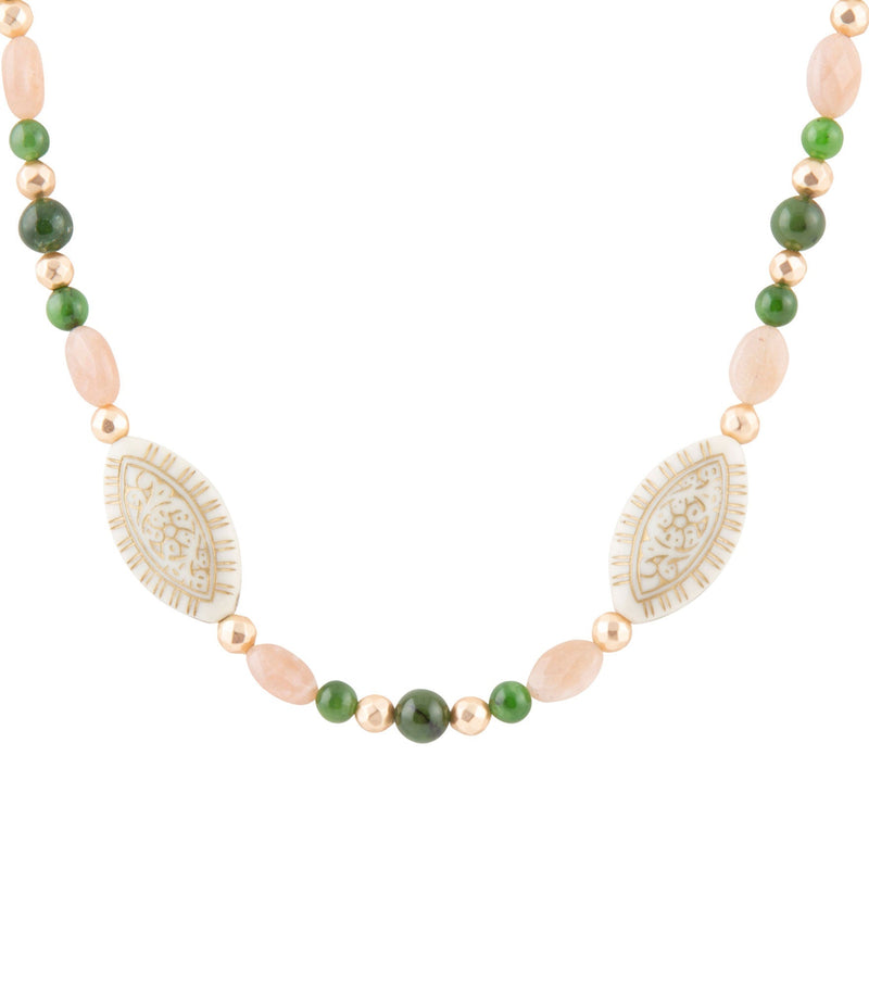 Green Jade and Pink Sunstone Golden Necklace