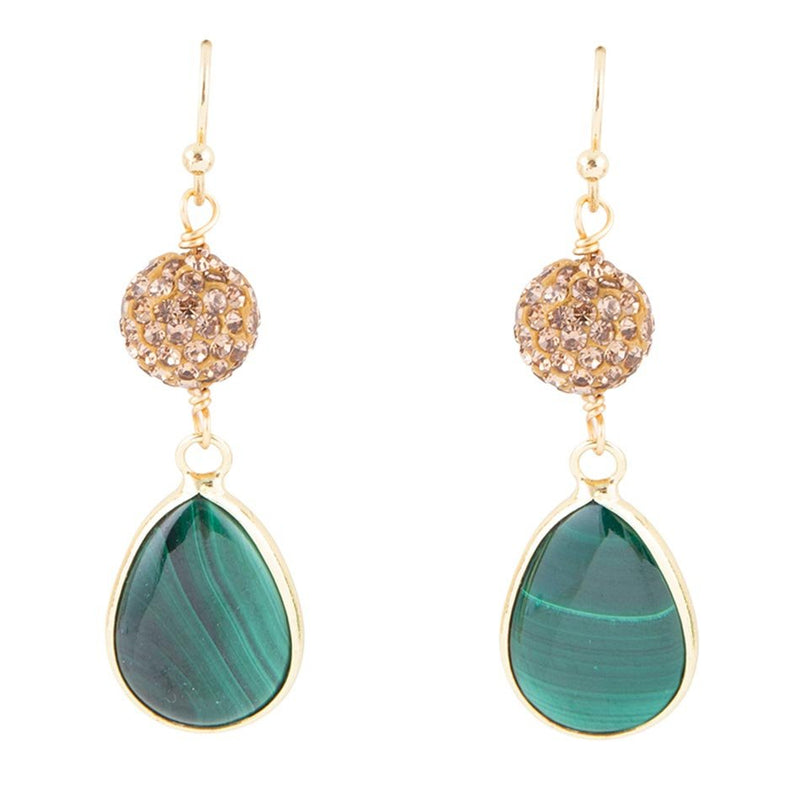 Jeweled Green Malachite Golden Drop Earrings