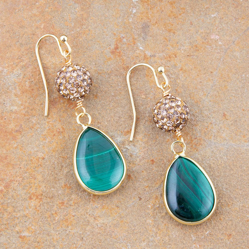 Jeweled Green Malachite Golden Drop Earrings