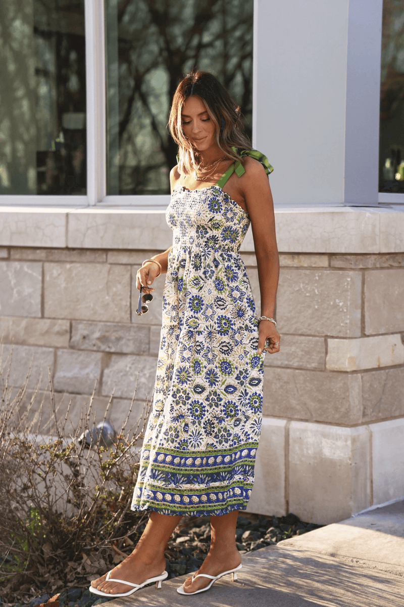 Green Mix Border Print Ribbon Strap Maxi Dress - FINAL SALE
