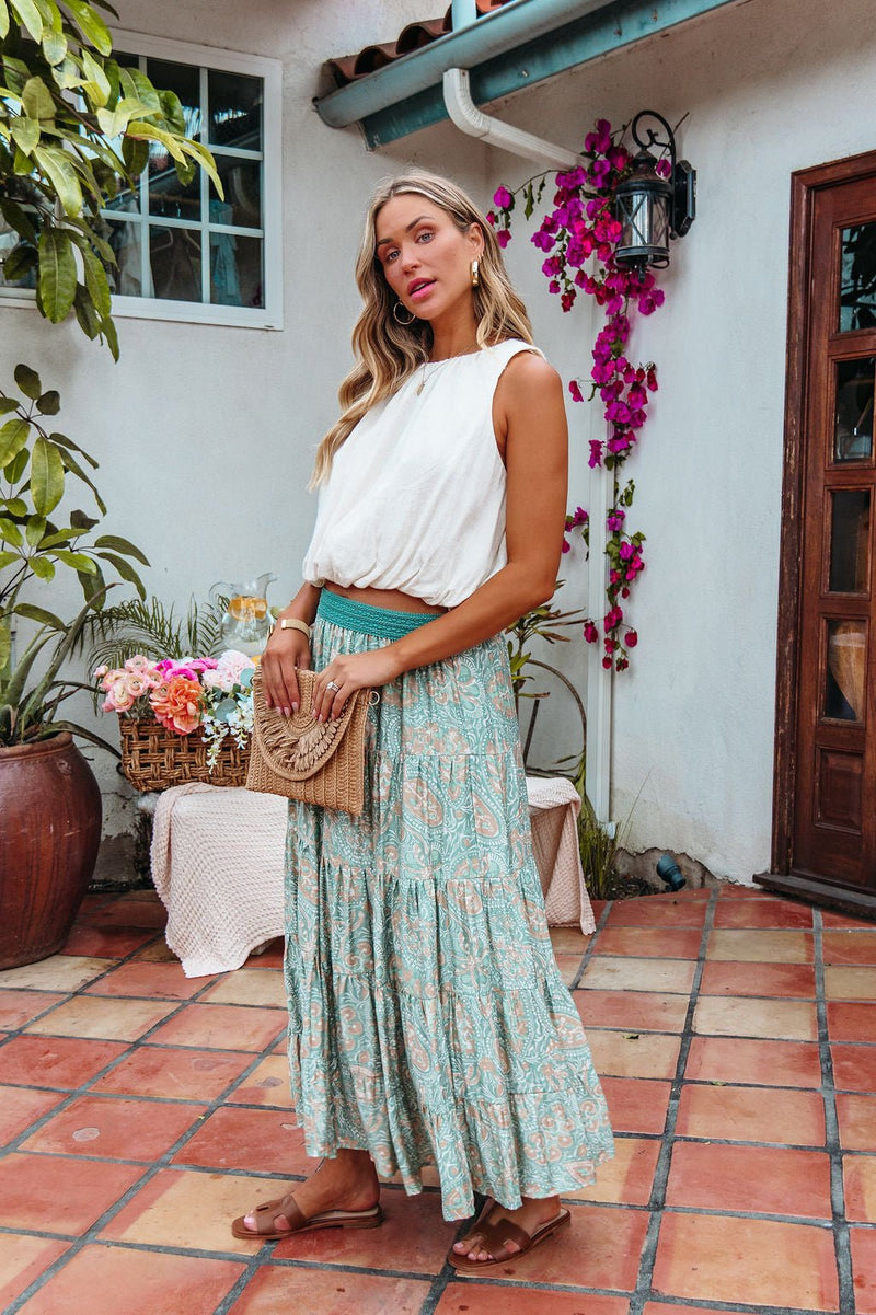 Green Paisley Print Tiered Maxi Skirt - FINAL SALE