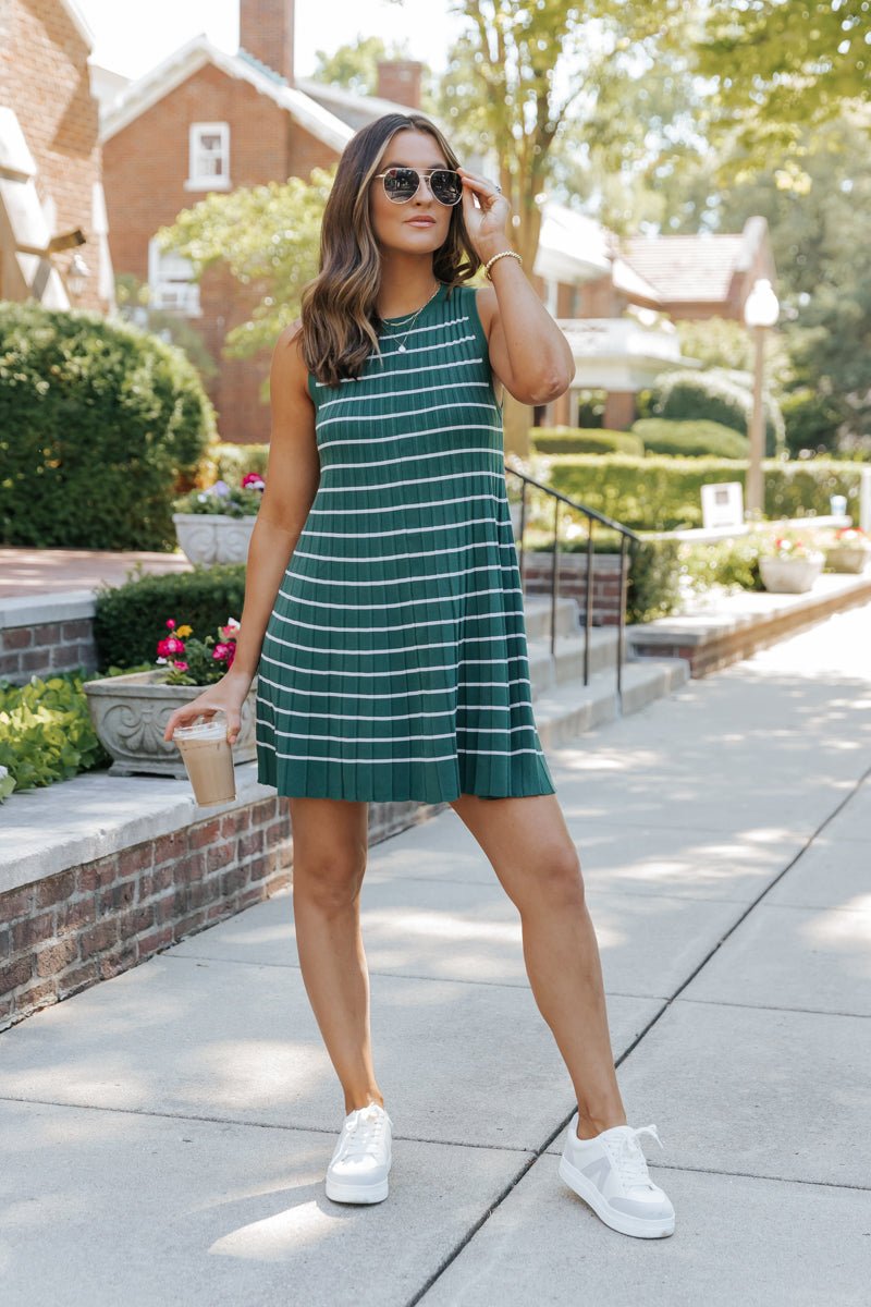 Green Stripe Pleated Mini Dress - DOORBUSTER