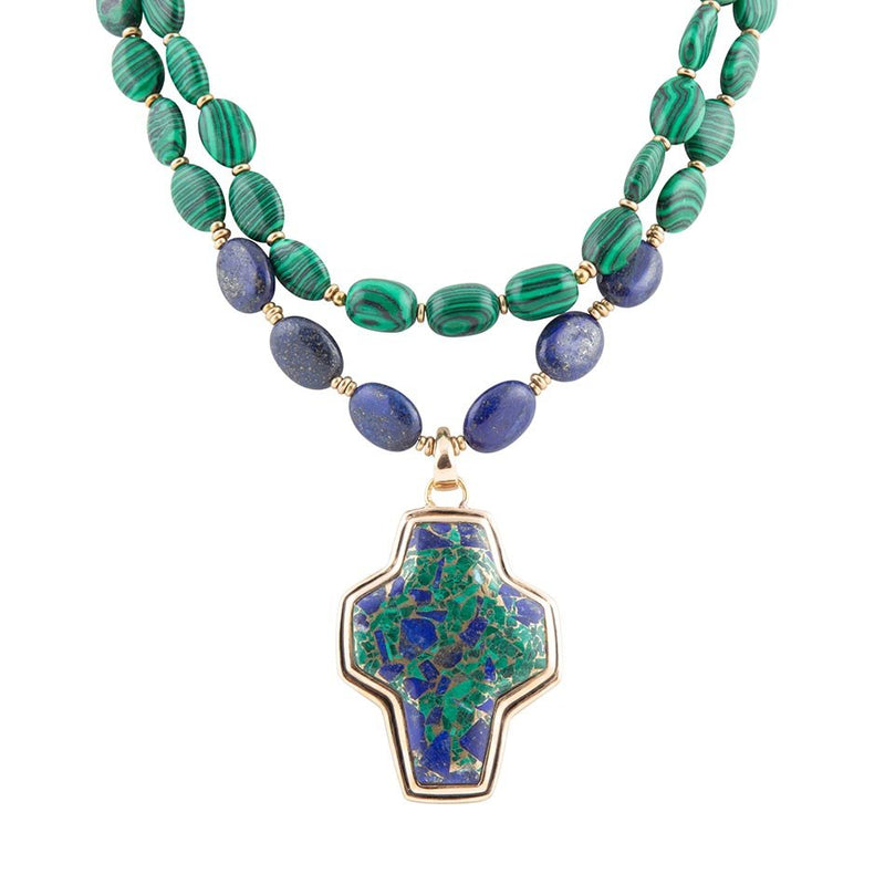 Green Malachite Azurite Cross Statement Golden Necklace