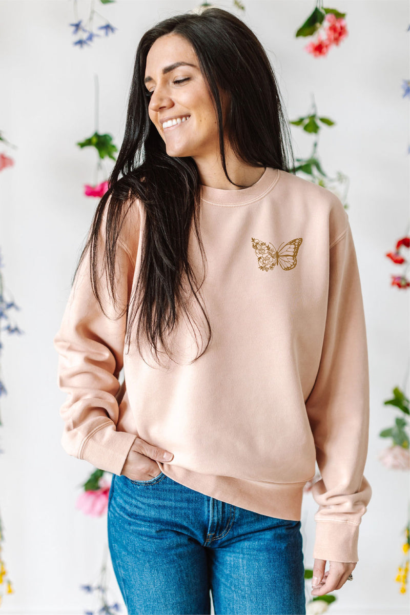 Embroidered/Printed PIGMENT Crewneck (pf&b) - Floral Butterfly / Growth Takes Time