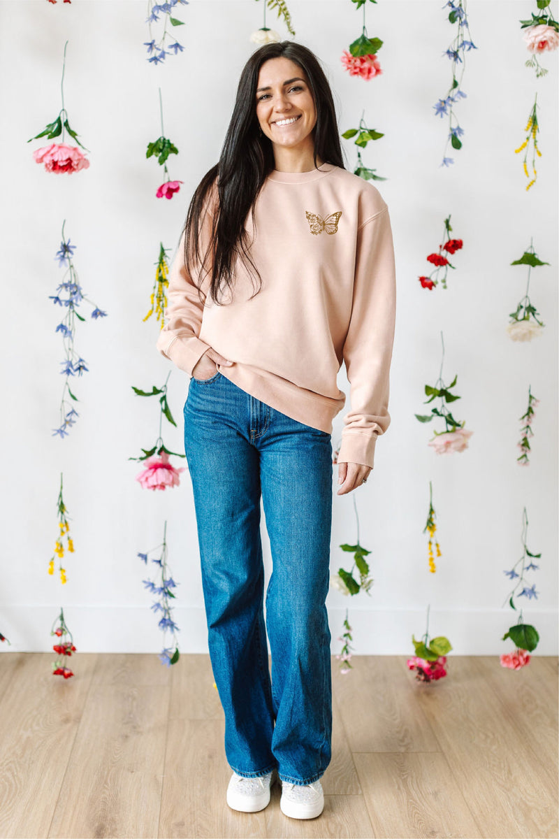 Embroidered/Printed PIGMENT Crewneck (pf&b) - Floral Butterfly / Growth Takes Time