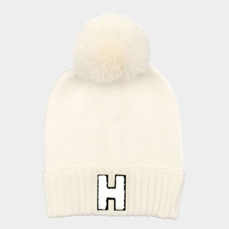-H- Initial Monogram Faux Fur Pom Pom Knit Beanie Hat
