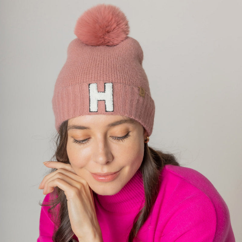 -H- Initial Monogram Faux Fur Pom Pom Knit Beanie Hat