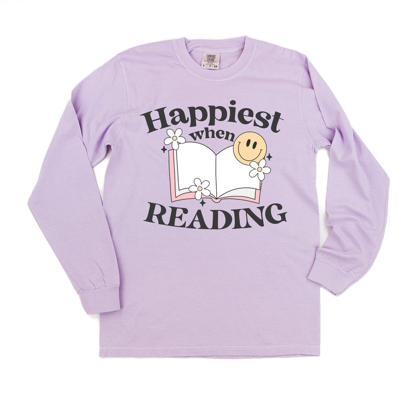 Happiest When Reading - Long Sleeve Comfort Colors Tee