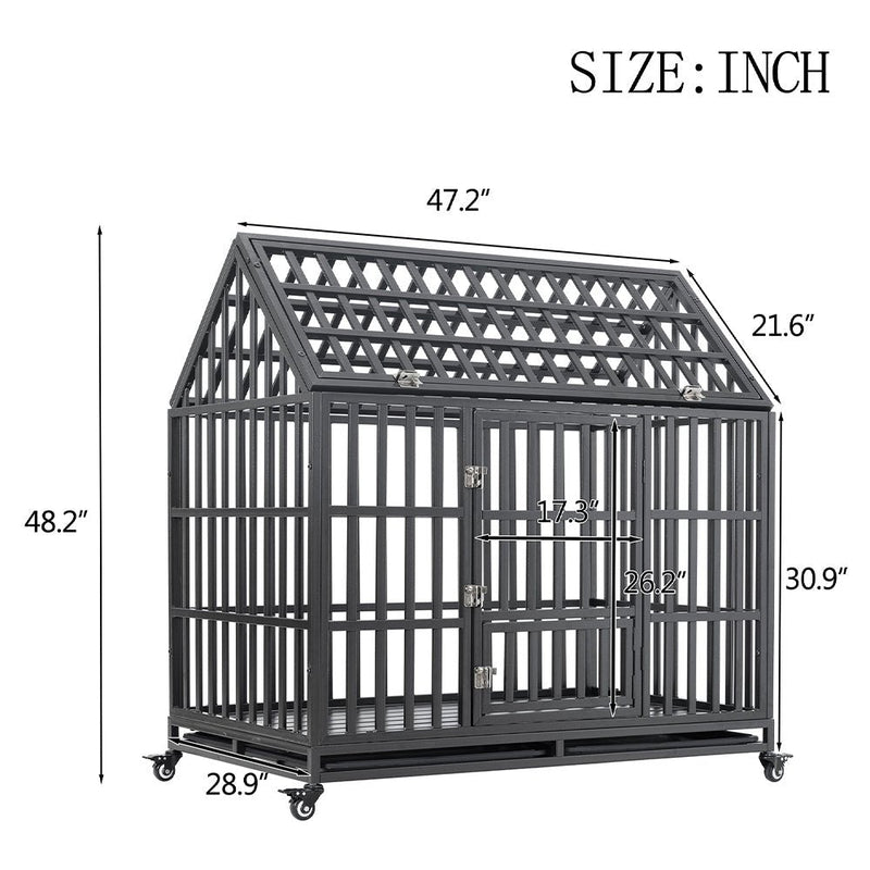 Heavy-Duty Carbon Steel Dog Kennel Cage Crate W/ Sloped Roof And Wheels, 48" (SAK73812)
