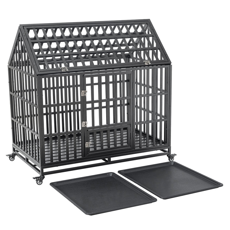 Heavy-Duty Carbon Steel Dog Kennel Cage Crate W/ Sloped Roof And Wheels, 48" (SAK73812)