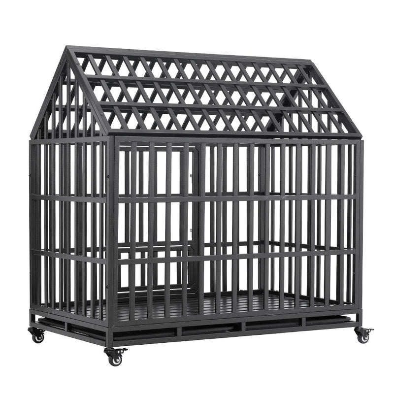 Heavy-Duty Carbon Steel Dog Kennel Cage Crate W/ Sloped Roof And Wheels, 48" (SAK73812)